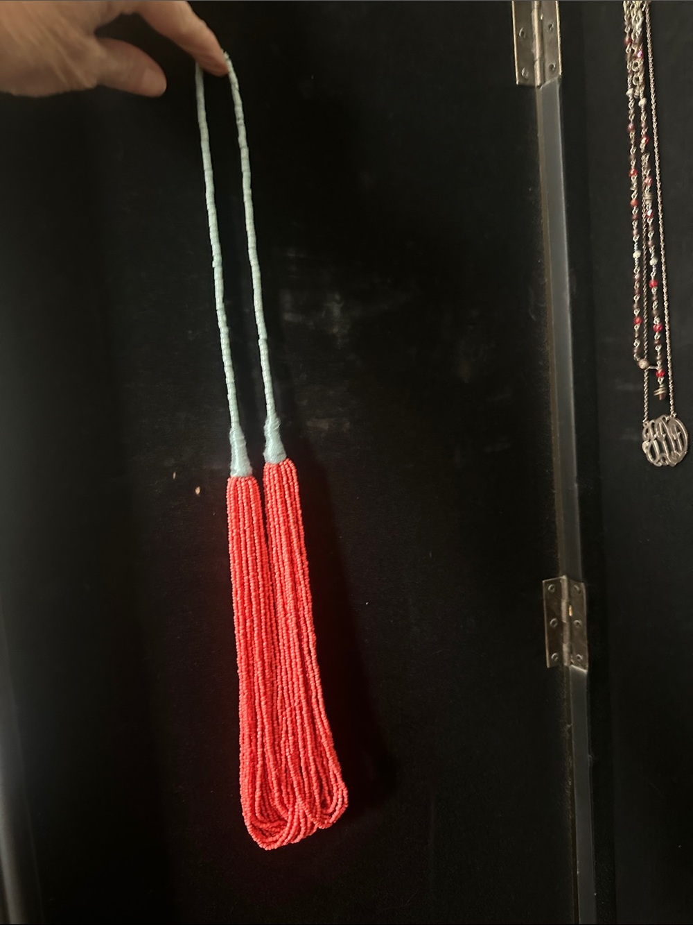 Orange Beaded Tassel Necklace with Light Blue Cord